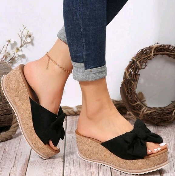 Summer Casual Fashionable Black Wedge Sandals With Bow Decoration, Platform - Picture 4 of 6